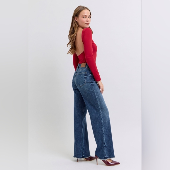 Judy Blue Mid-Rise Straight Leg Boyfriend Relaxed Jeans Raw Hem Denim Pants - Picture 10 of 16